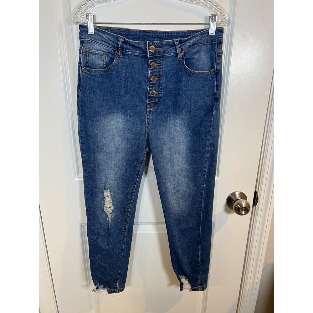 Roswear Womens Skinny Jeans Distressed Button Fly Blue Size Large 12-14